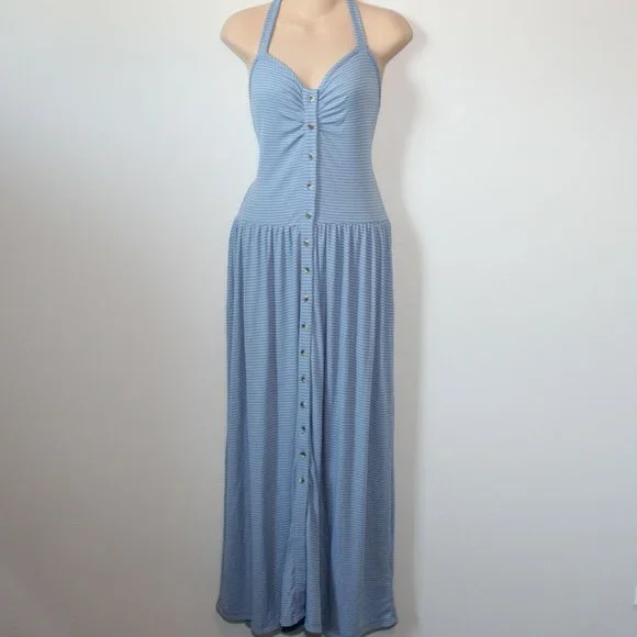 NWT Free People Nina Halter Maxi Dress Button Striped Blue Size Large H12299 - Picture 2 of 12
